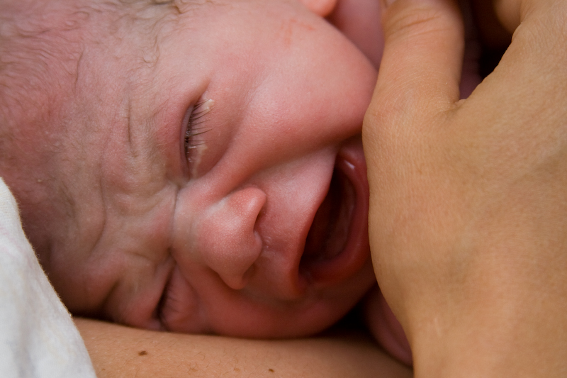 Sur le ventre de maman pendant les sage-femmes s'occupe de Jess...